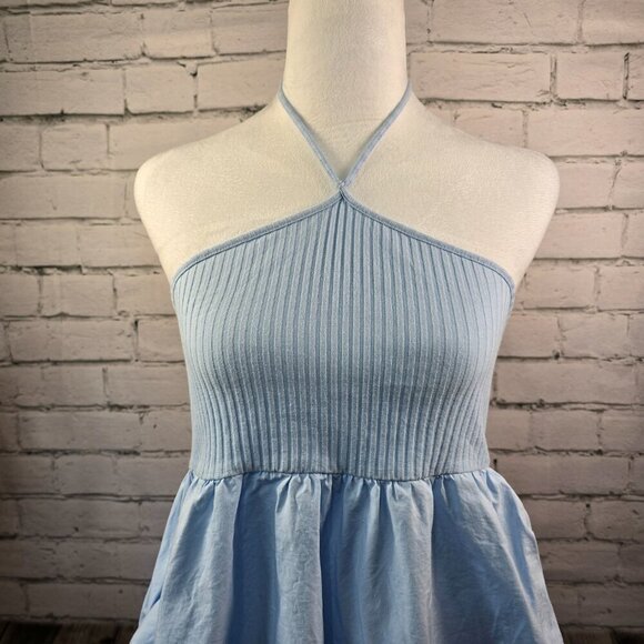 WOMENS ZARA HALTER DRESS BABY BLUE KNIT TOP PUFFED SKIRT SIDE POCKETS SIZE SMALL - Picture 7 of 9